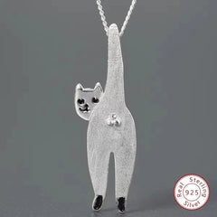 925 Sterling Silver Funny Cat Pendant  Playful Cat Lover Jewellery Gift