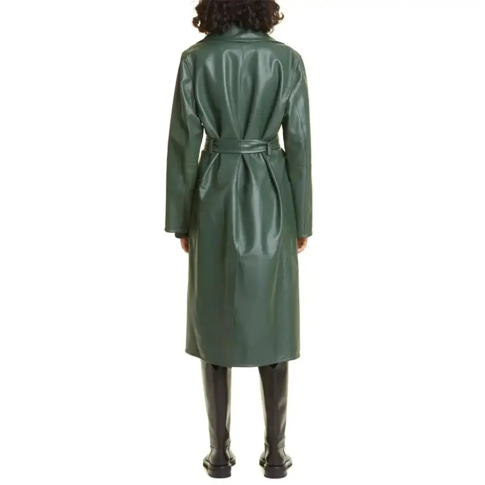 Women's Elegant Green Wrap Leather Coat