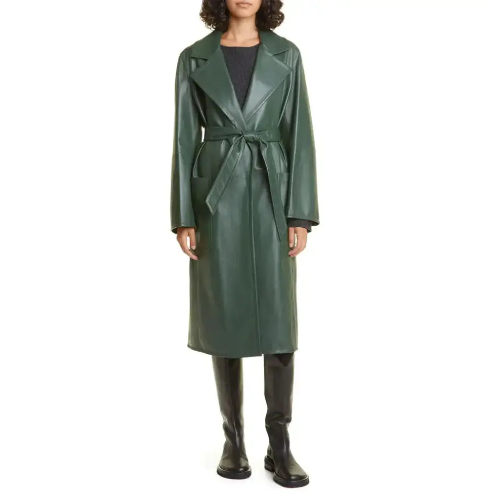 Women's Elegant Green Wrap Leather Coat