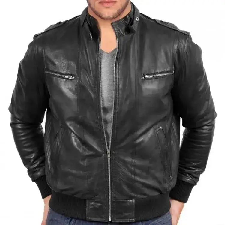 Mens Black Sheepskin Bomber Jacket