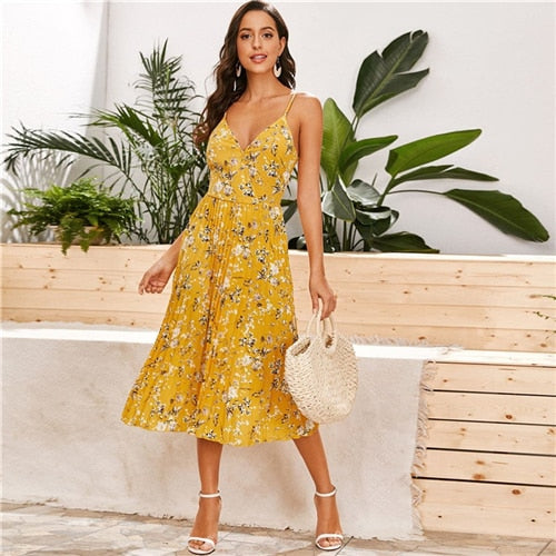 Yellow Surplice Neck Pleated Floral Cami Dress Women Summer Sleeveless High Waist Boho Wrap Long Dresses